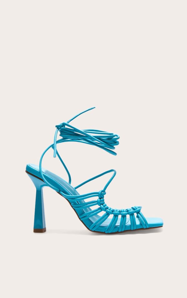 Blue Wide Fit PU Square Toe Knot Lace Up Side Detail High Heeled Sandals