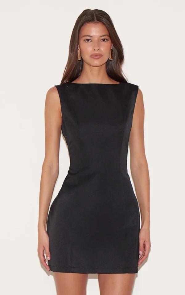 Black Satin Boat Neck Mini Dress