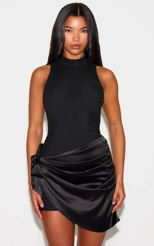 Black Woven High Neck Satin Drape Mini Dress