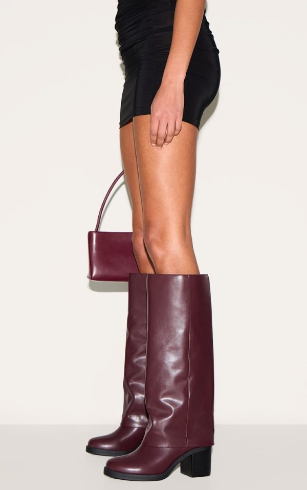 Burgundy PU Round Toe Fold Over Low Block Heeled Boots