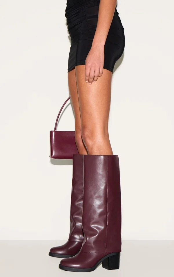 Burgundy PU Round Toe Fold Over Low Block Heeled Boots