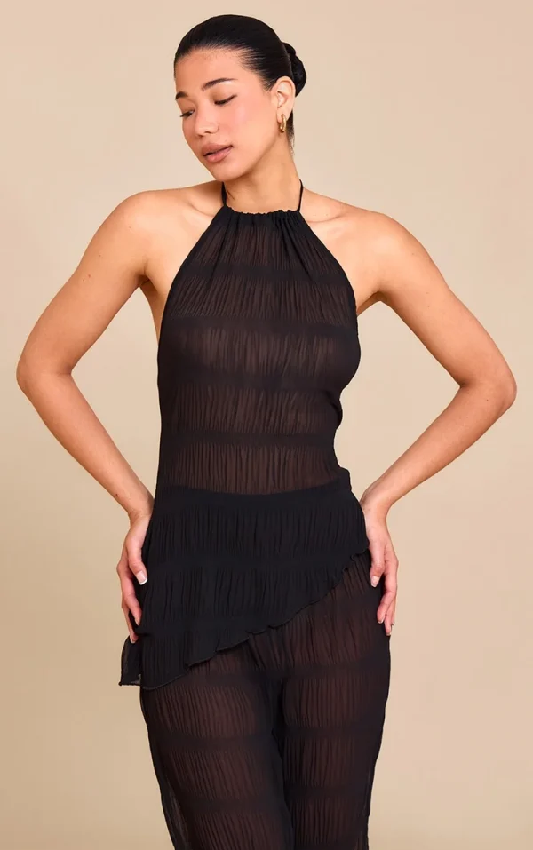 Black Textured Sheer Woven Backless Asymmetric Long Top
