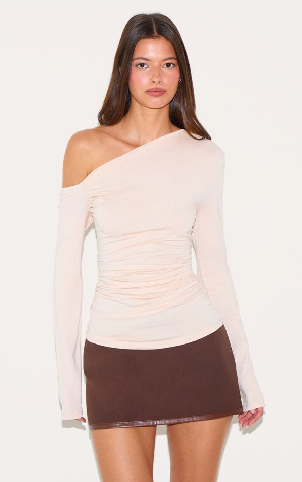 Cream Soft Cotton Asymmetric Ruched Long Sleeve Top