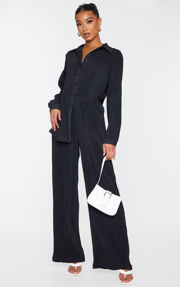 Black Plisse High Waisted Wide Leg Pants