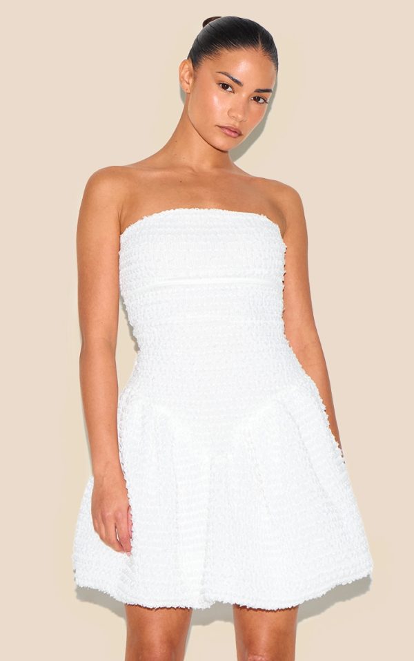 Petite White Jacquard Bandeau Puffball Dress