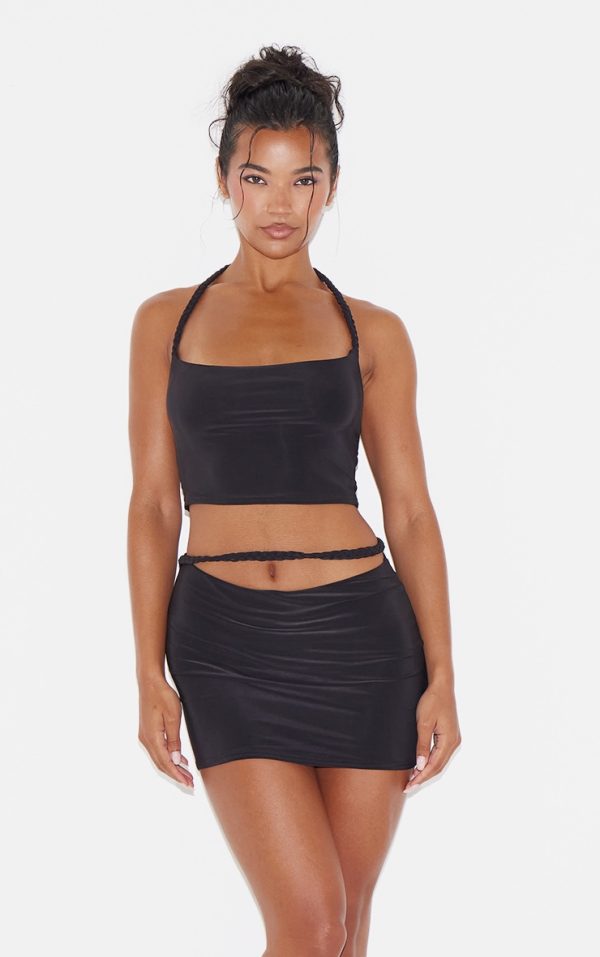 Black Slinky Braided Strap Detail Top