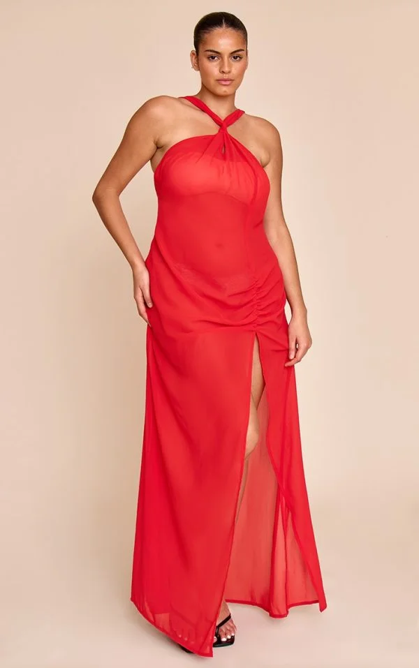Plus Red Halter Neck Chiffon Maxi Beach Dress