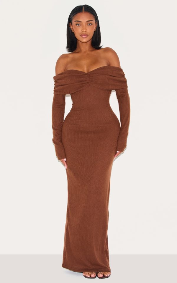 Shape Chocolate Brushed Rib Ruched Fold Over Bardot Maxi Dress