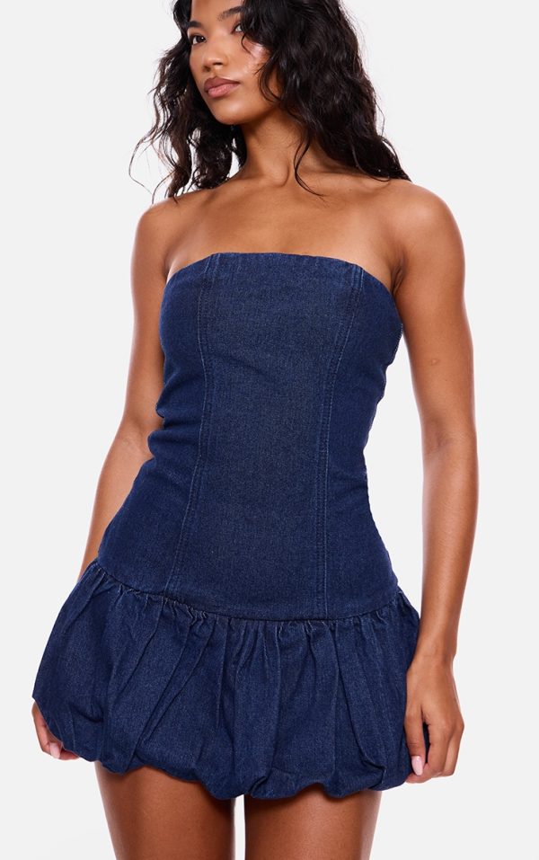 Indigo Denim Bandeau Puffball Mini Dress