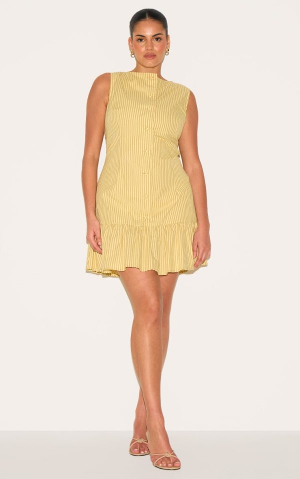 Plus Yellow Striped Button Detail Flippy Hem Bodycon Dress