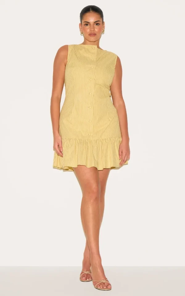 Plus Yellow Striped Button Detail Flippy Hem Bodycon Dress