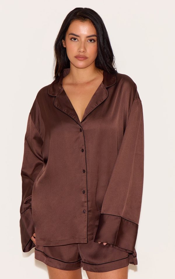 Plus Chocolate Satin Piping Long Sleeve Short Pj Set