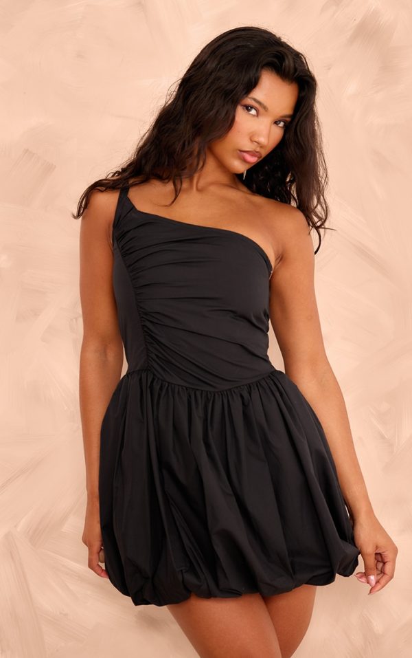 Black One Shoulder Ruched Puff Ball Dress