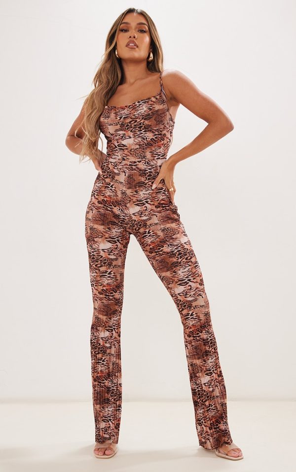 Multi Leopard Print Plisse Cowl Strappy Jumpsuit