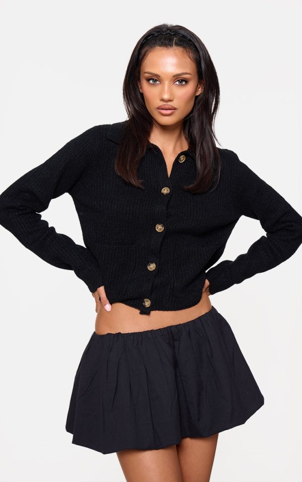 Black Soft Textured Knit Button Up Collar Detail Cardigan