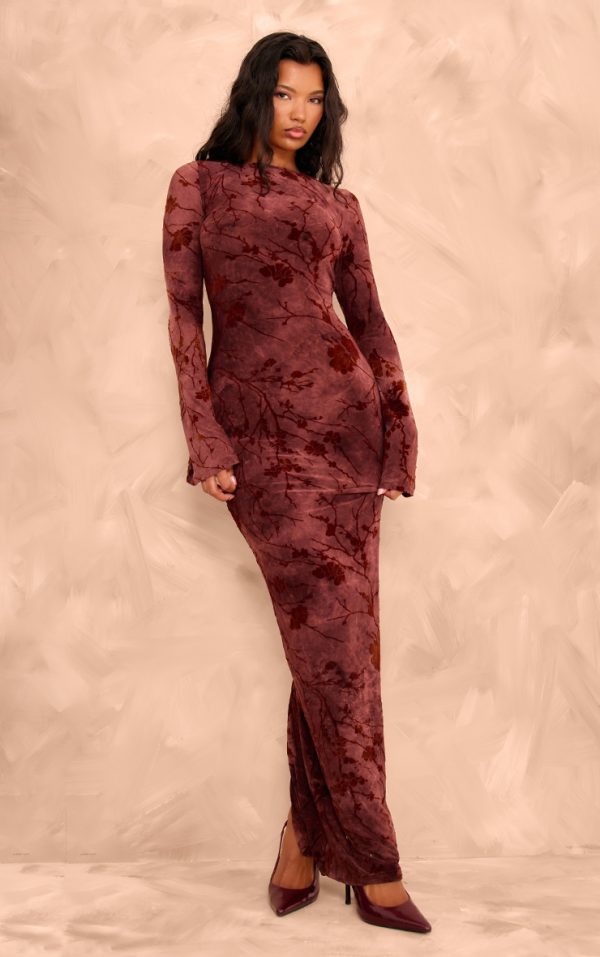 Burgundy Floral Devore Long Sleeve Maxi Dress