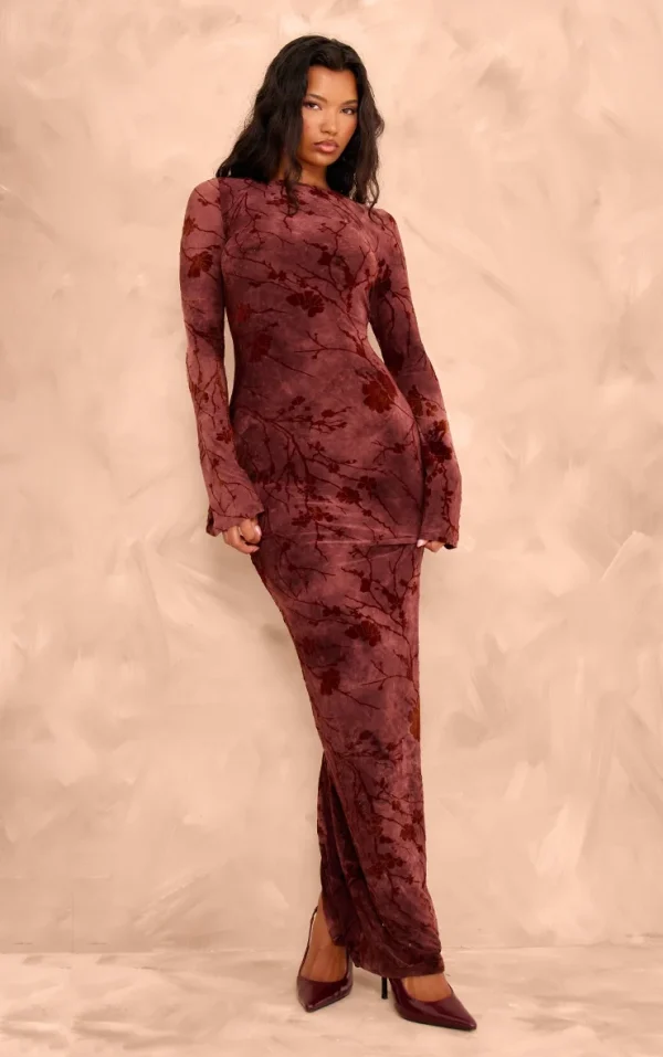 Burgundy Floral Devore Long Sleeve Maxi Dress
