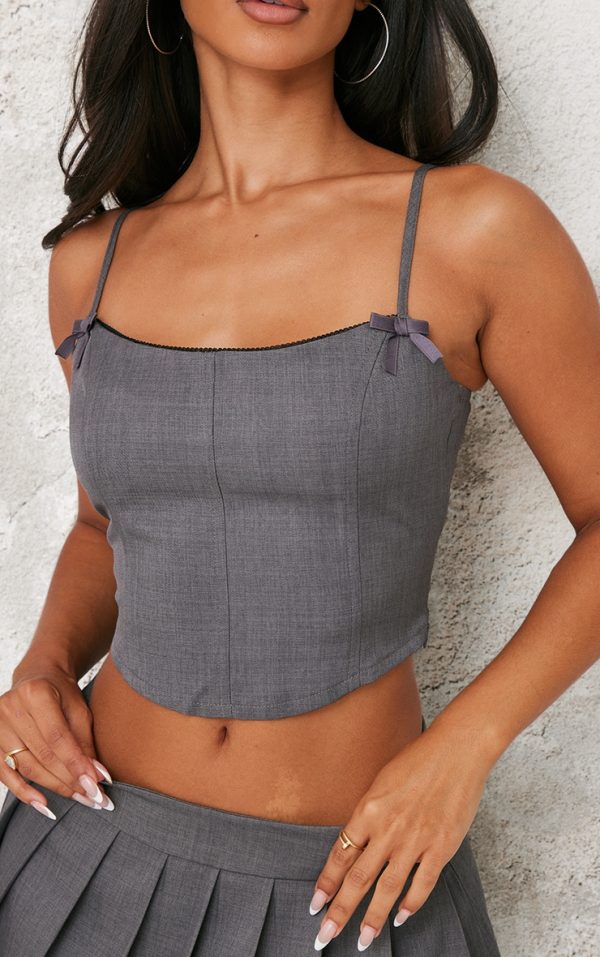 Petite Premium Grey Woven Bow Detail Corset Top