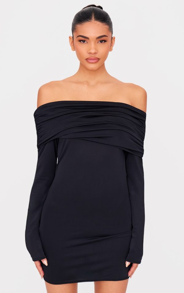 Black Matte Sculpt Double Layer Foldover Bardot Long Sleeve Mini Dress