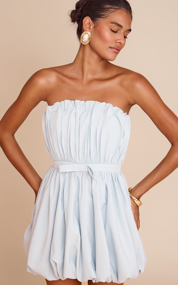 Light Blue Bow Detail Puffball Mini Dress