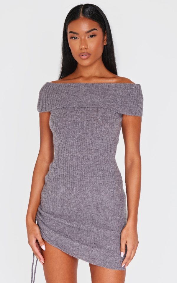 Charcoal Rib Knit Bardot Fold Over Tie Side Mini Dress