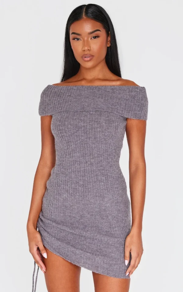 Charcoal Rib Knit Bardot Fold Over Tie Side Mini Dress