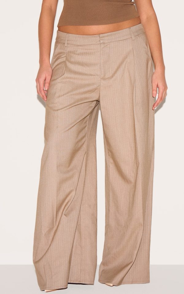 Plus Taupe Premium Woven Pinstripe Tailored Straight Leg Pants