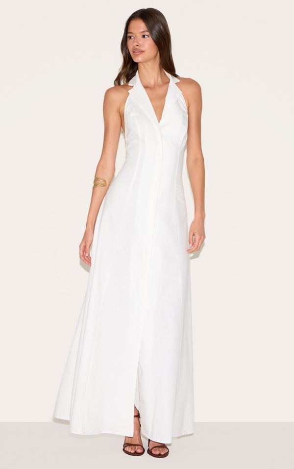 White Button Down Collar Detail Maxi Dress