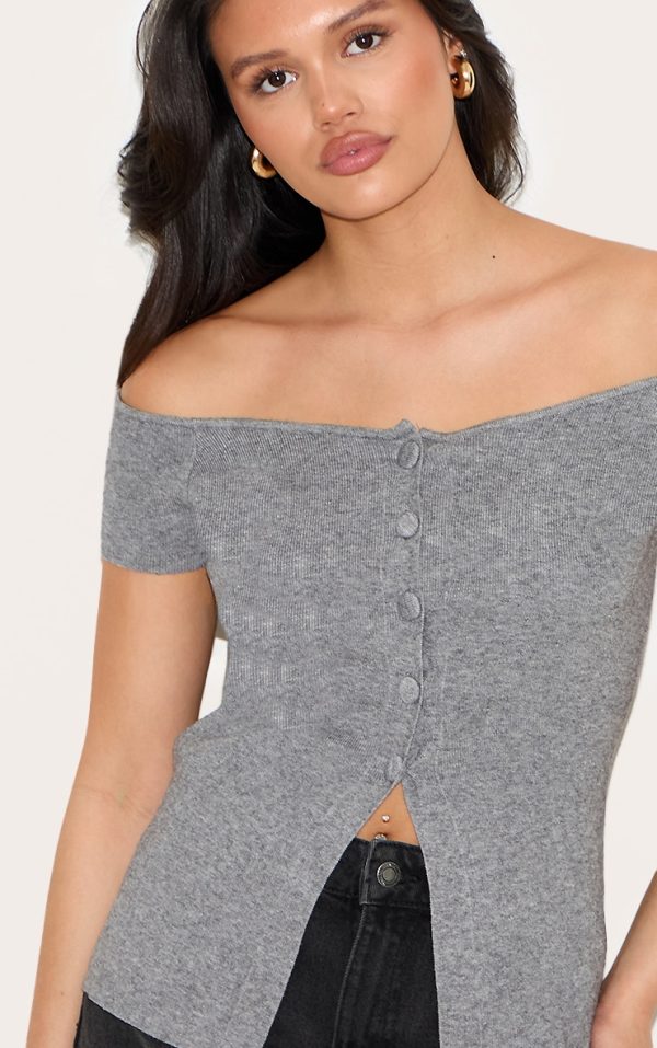 Ash Grey Rib Knit Button Up Bardot Split Hem Top