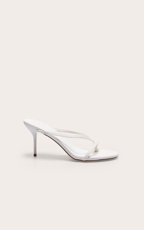 White Pu Round Toe Thong High Stiletto Heeled Mules