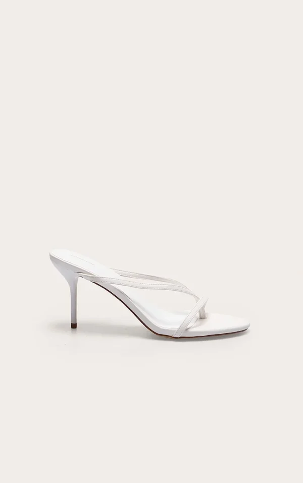 White Pu Round Toe Thong High Stiletto Heeled Mules