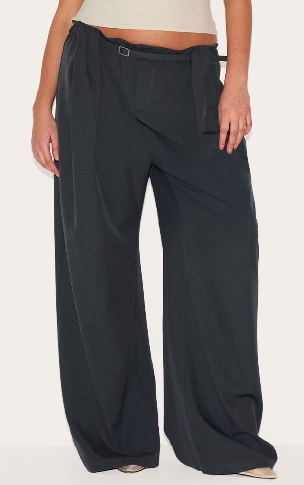 Plus Slate Grey Woven Pleated Belt Detail Wide Leg Pants