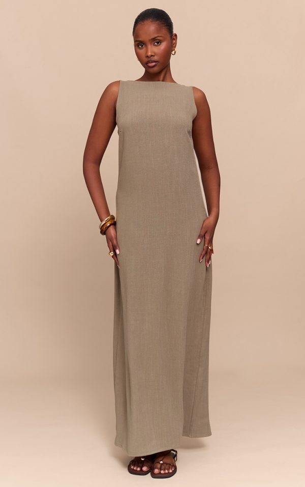 Khaki Textured Boat Neck Low Back Maxi Dress