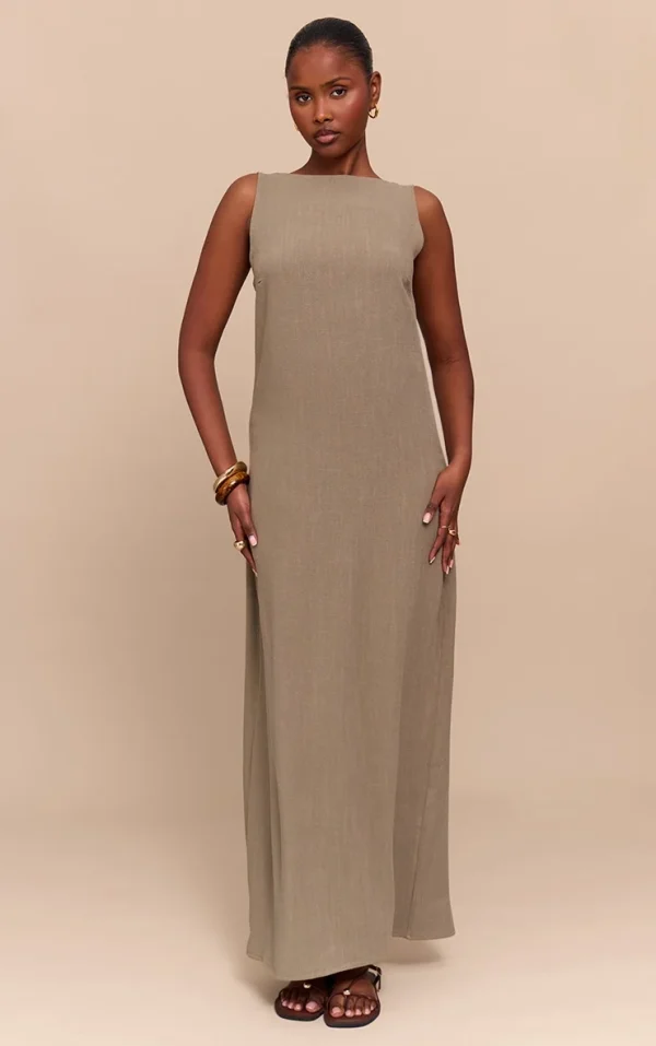 Khaki Textured Boat Neck Low Back Maxi Dress