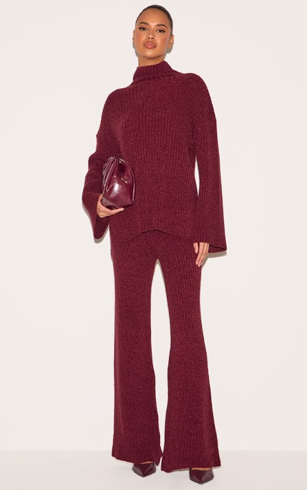 Burgundy Rib Boucle Knit Wide Leg Pants