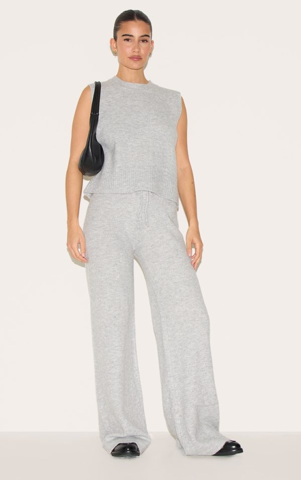 Ash Grey Marl Soft Knit Wide Leg Pants
