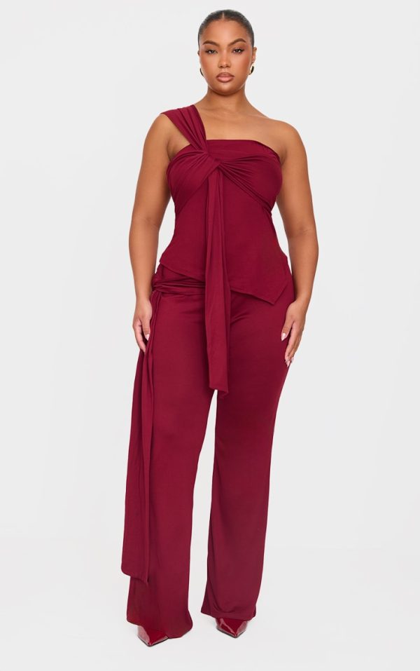 Plus Burgundy Soft Touch Tie Detail Flared Pants