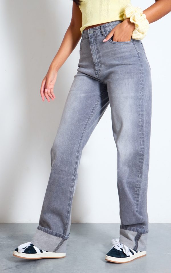 Tall Washed Grey Mid Rise Distressed Turn Up Hem Jeans
