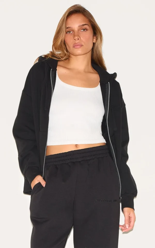 PRETTYLITTLETHING  Black Premium Embroidered Zip Front Oversized Hoodie