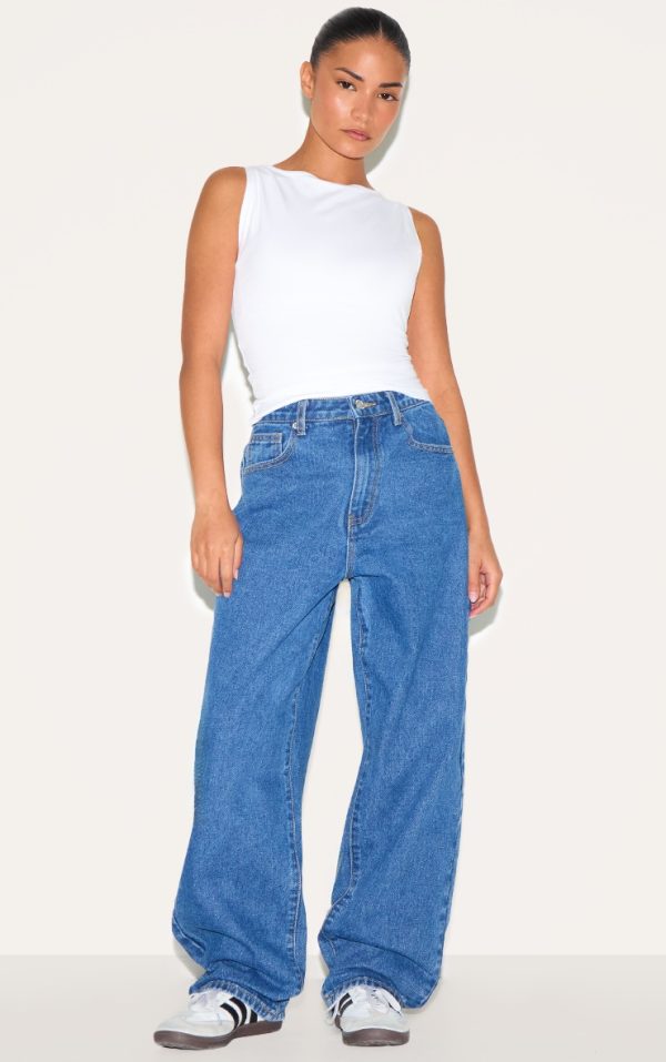 PRETTYLITTLETHING Petite Dark Blue High Waist Boyfriend Jean
