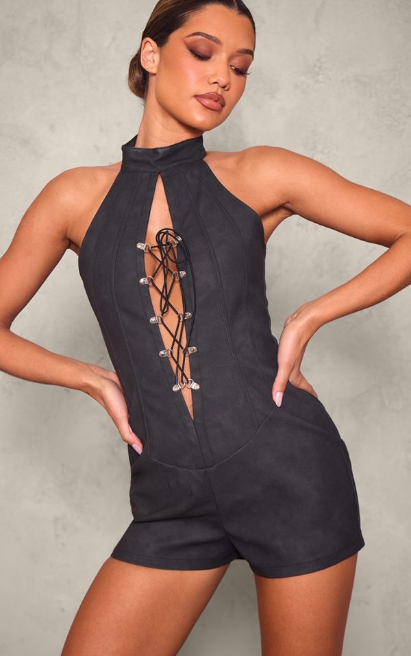 Black Faux Leather Lace Up Halterneck Romper
