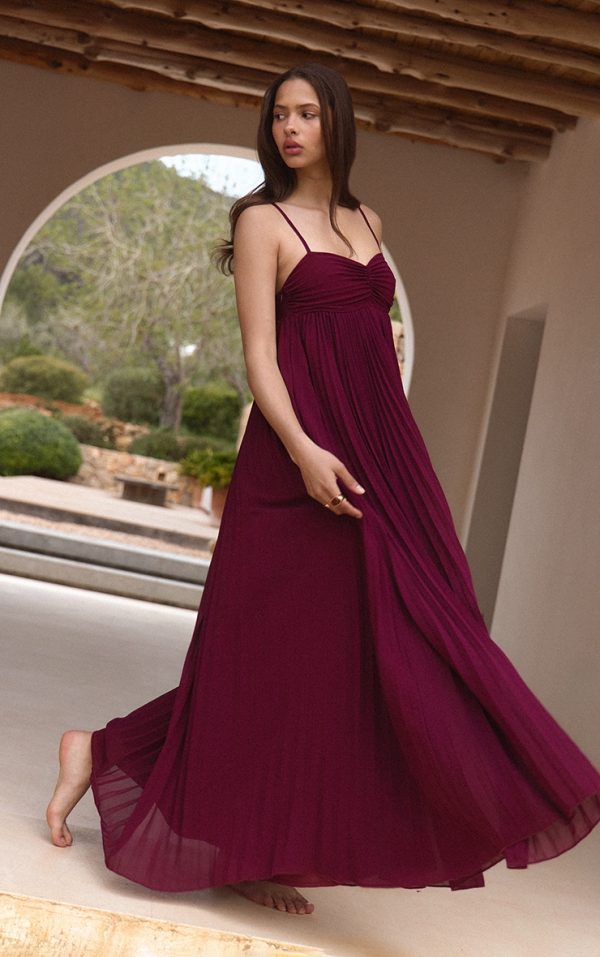Wine Plisse Maxi Dress