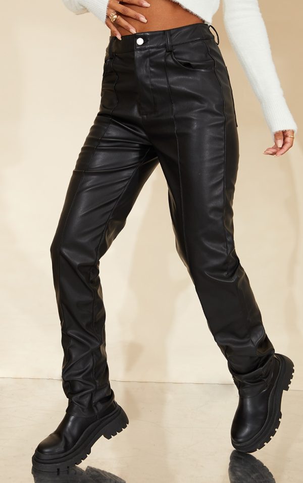 Black Faux Leather Button Straight Leg Pants