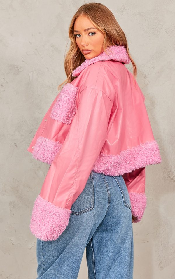 Pink Borg Pocket Front Faux Leather Cropped Coat