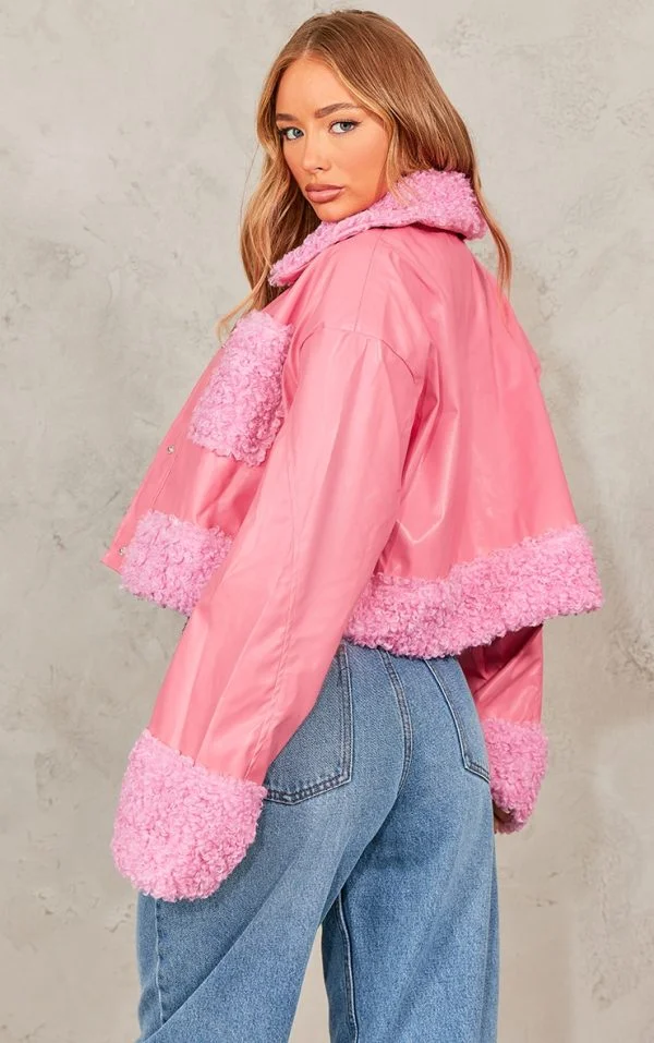 Pink Borg Pocket Front Faux Leather Cropped Coat