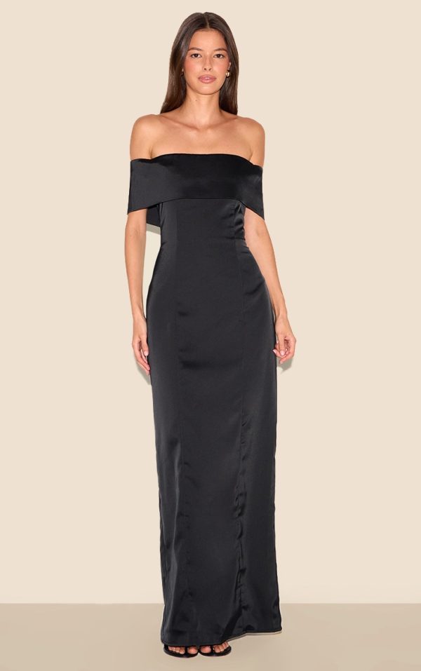 Black Bridesmaid Bardot Fold Over Sleeveless Maxi Dress