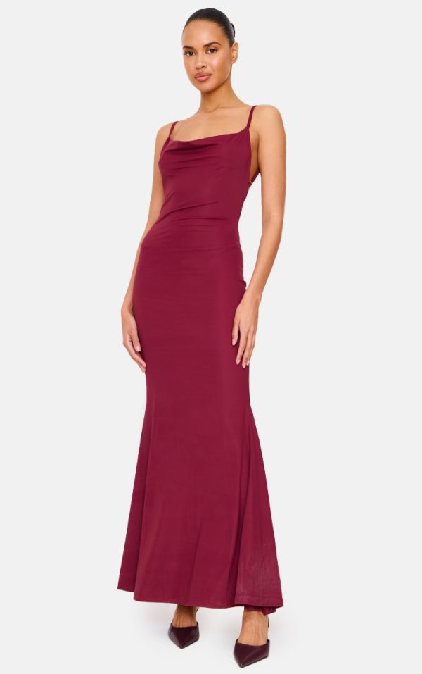 Burgundy Slinky Cowl Neck Lace Insert Detail Maxi Dress