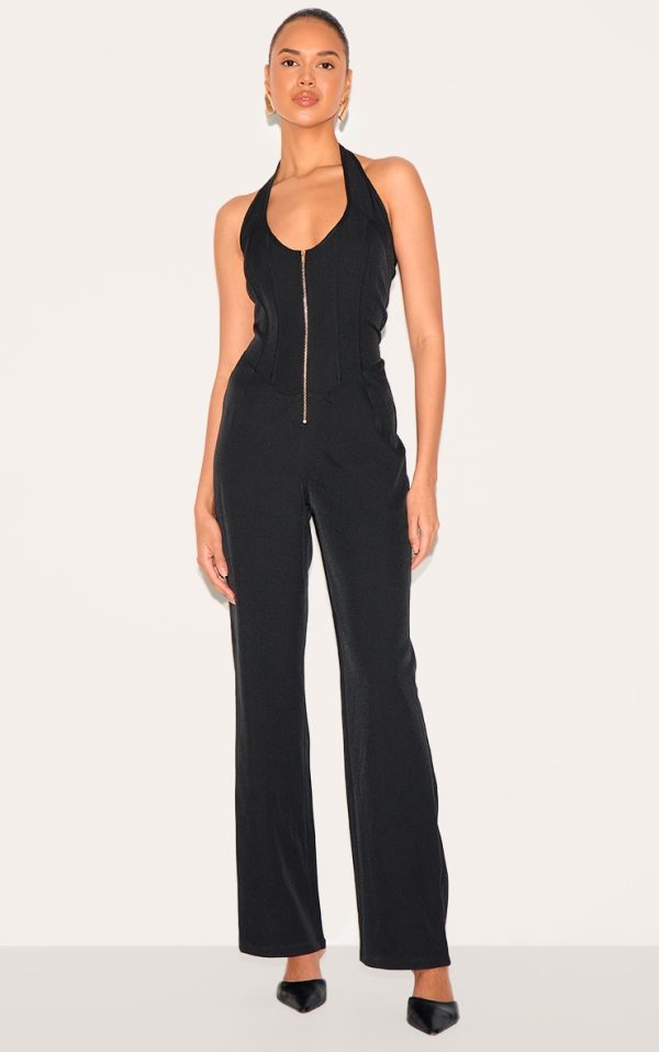 Black Dipped Corset Zip Front Wide Leg Jumpsuit