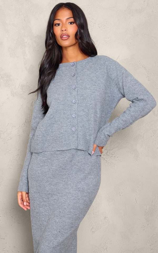 Tall Grey Melange Soft Knit Basic Button Up Cardigan