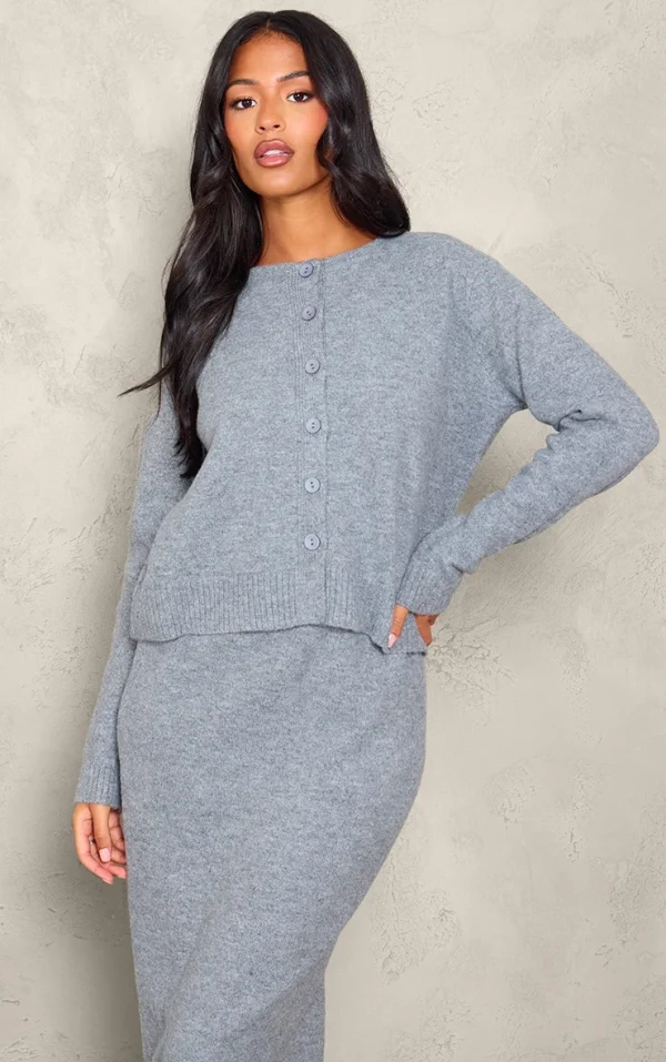 Tall Grey Melange Soft Knit Basic Button Up Cardigan